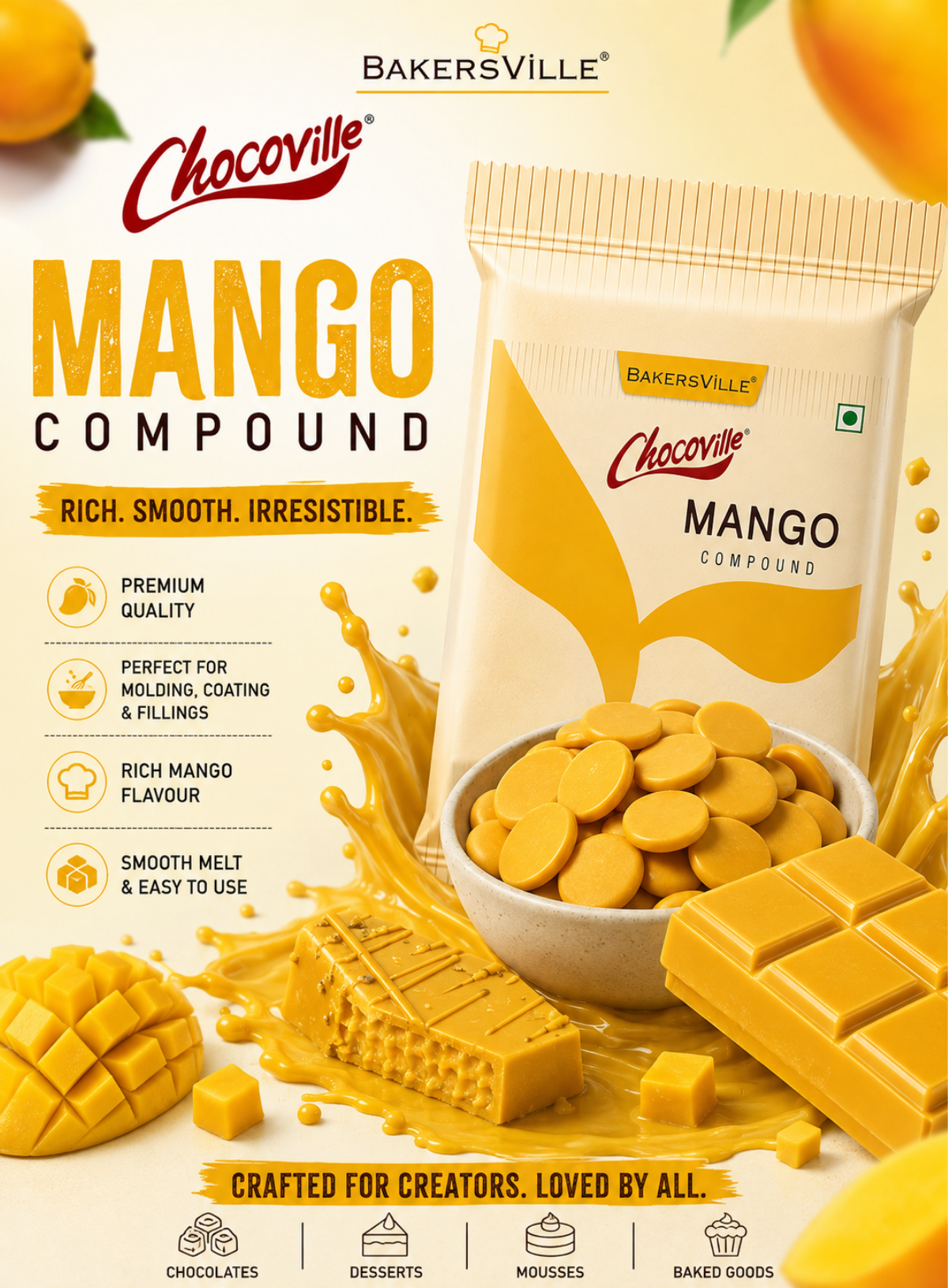 Chocoville Mango Compound Slab - 500g | Mango Flavoured Chocolate For Baking & Desserts (SB-BV-Mango)
