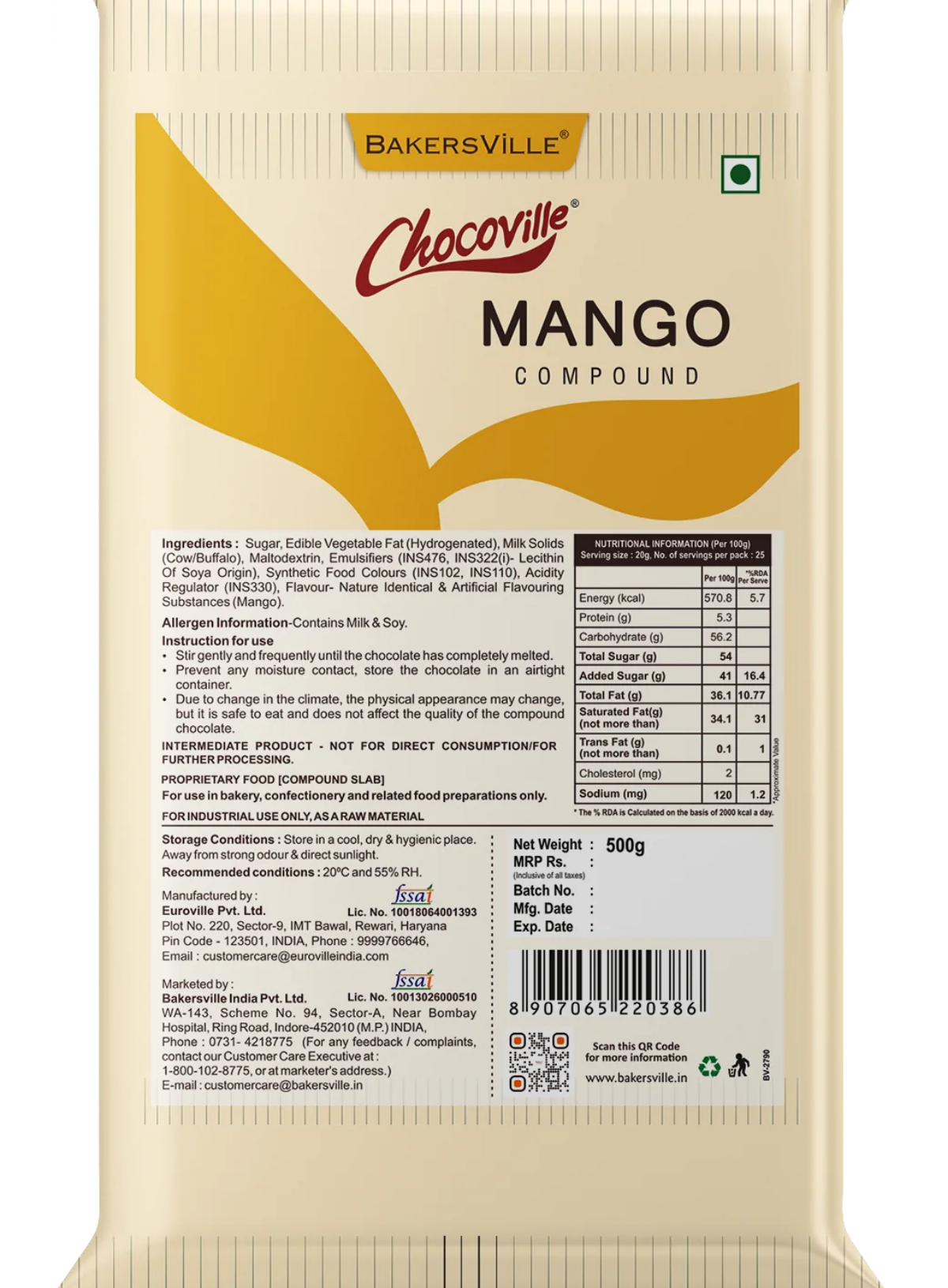 Chocoville Mango Compound Slab - 500g | Mango Flavoured Chocolate For Baking & Desserts (SB-BV-Mango)