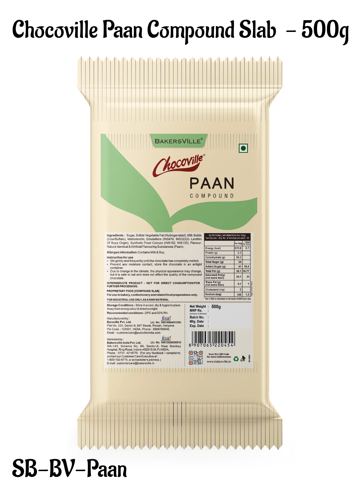 Chocoville Paan Compound Slab - 500g | Paan Flavoured Chocolate For Baking & Desserts (SB-BV-Paan)