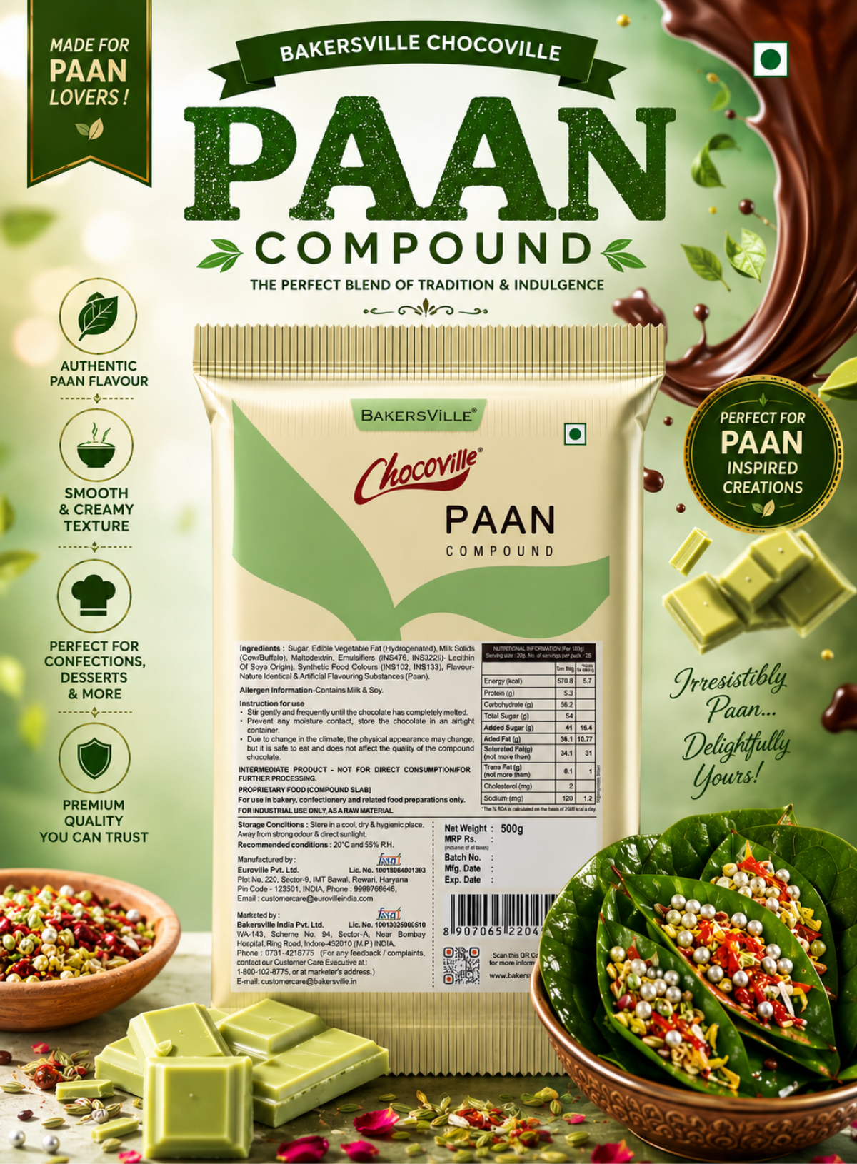 Chocoville Paan Compound Slab - 500g | Paan Flavoured Chocolate For Baking & Desserts (SB-BV-Paan)