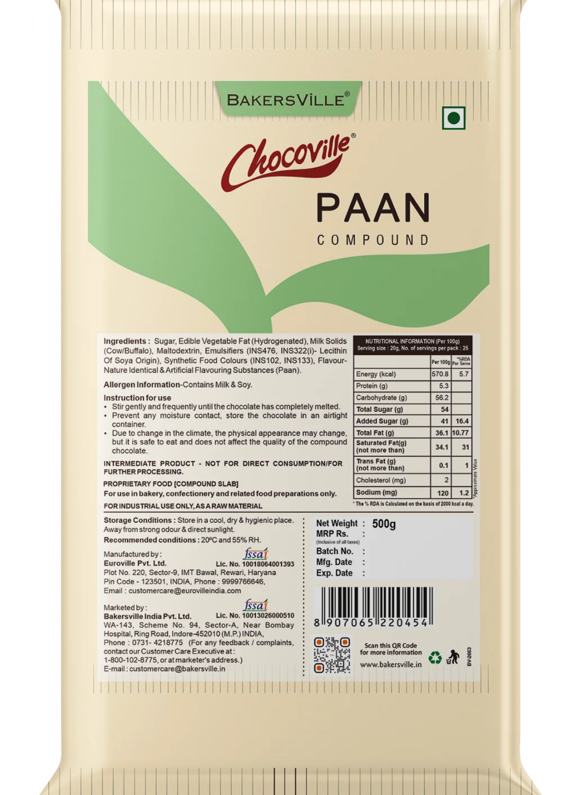 Chocoville Paan Compound Slab - 500g | Paan Flavoured Chocolate For Baking & Desserts (SB-BV-Paan)