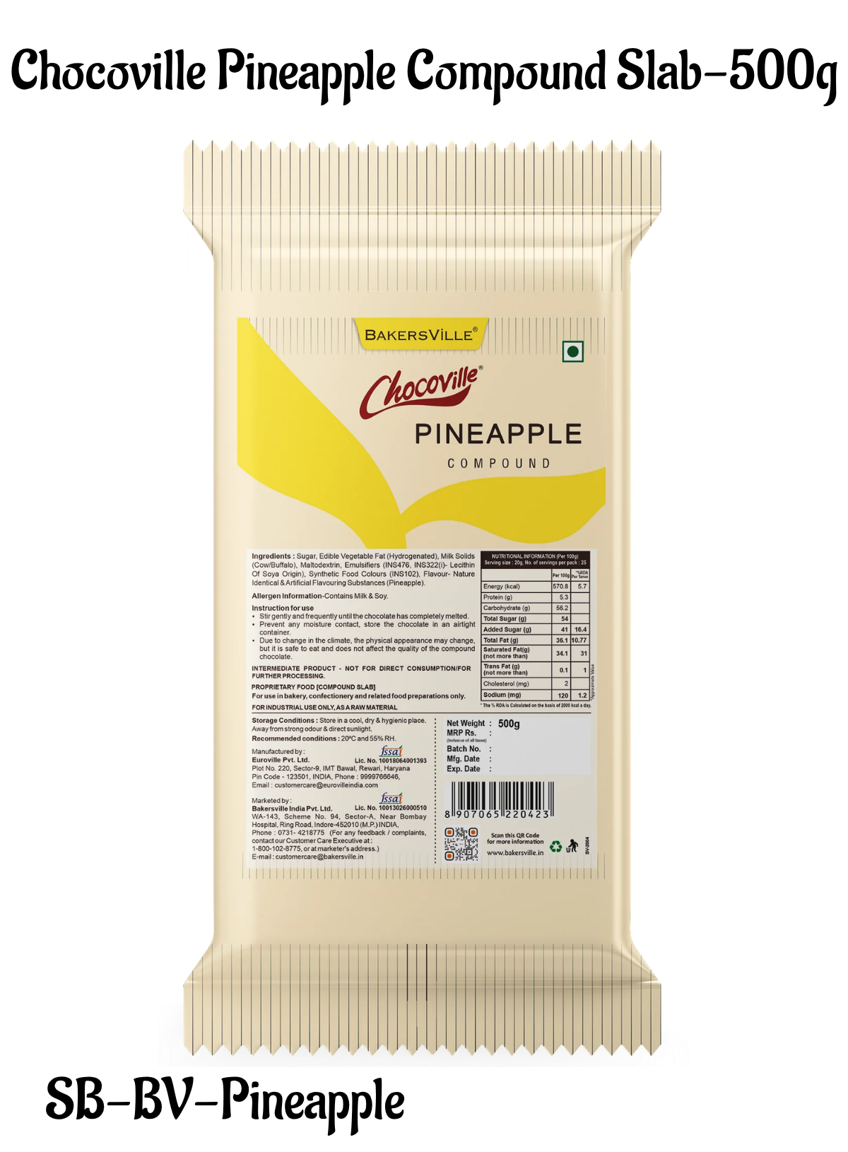 Chocoville Pineapple Compound Slab - 500g | Pineapple Flavoured Chocolate For Baking & Desserts (SB-BV-Pineapple)