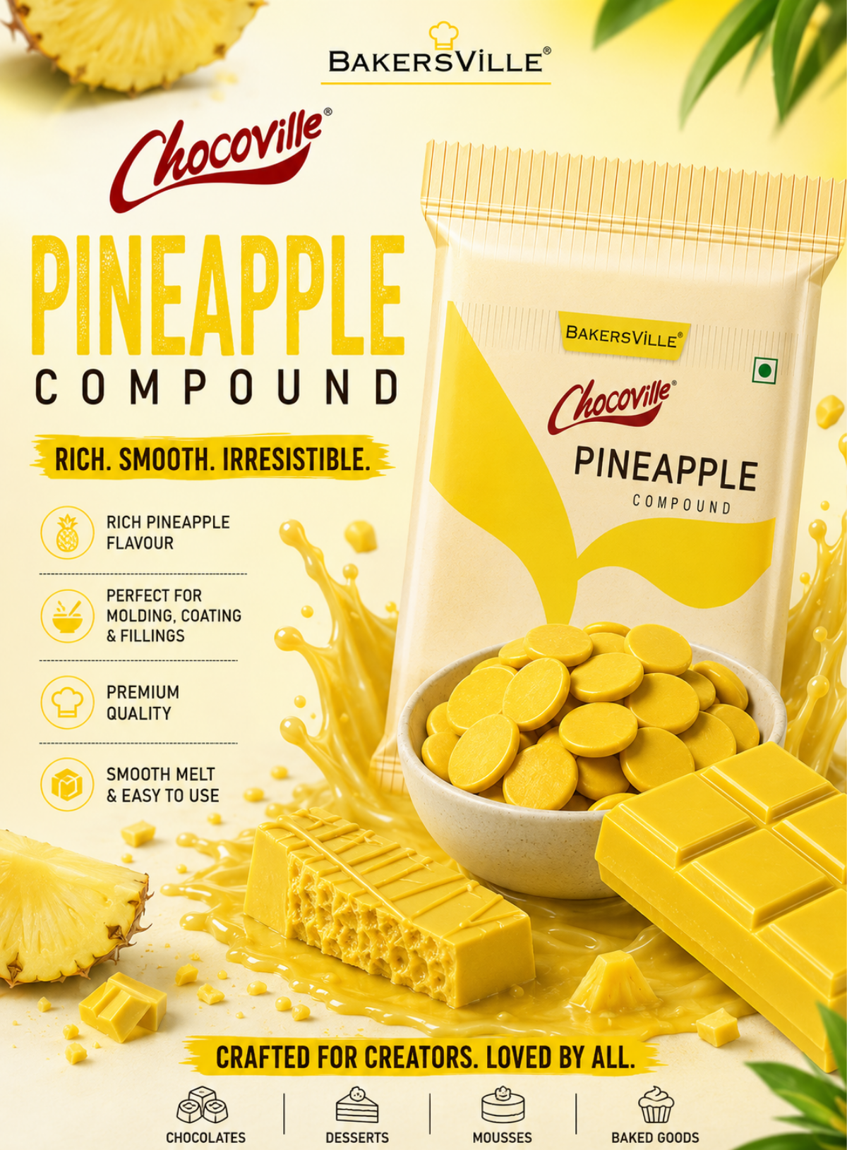 Chocoville Pineapple Compound Slab - 500g | Pineapple Flavoured Chocolate For Baking & Desserts (SB-BV-Pineapple)