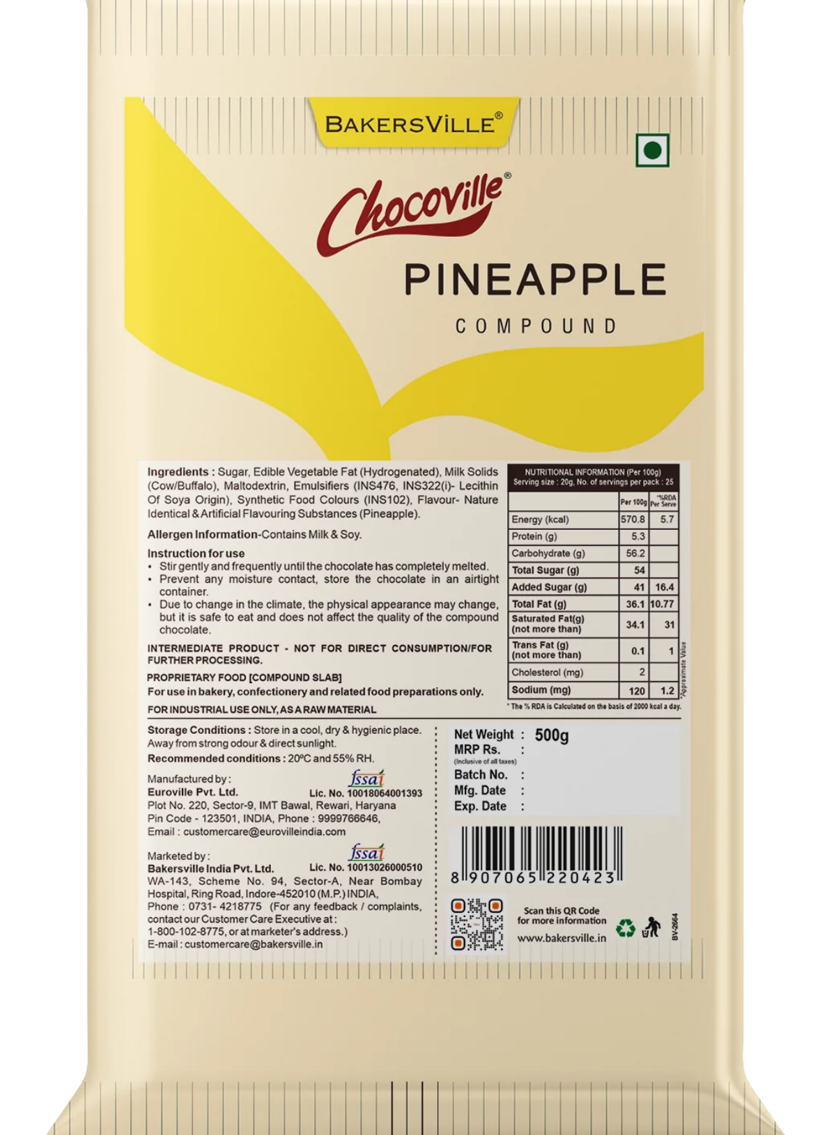Chocoville Pineapple Compound Slab - 500g | Pineapple Flavoured Chocolate For Baking & Desserts (SB-BV-Pineapple)