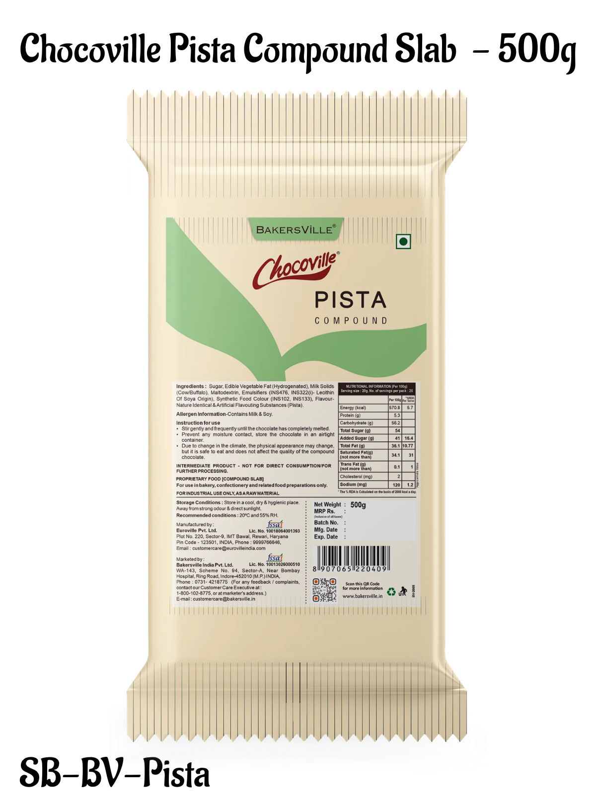 Chocoville Pista Compound Slab - 500g | Pista Flavoured Chocolate For Baking & Desserts (SB-BV-Pista)