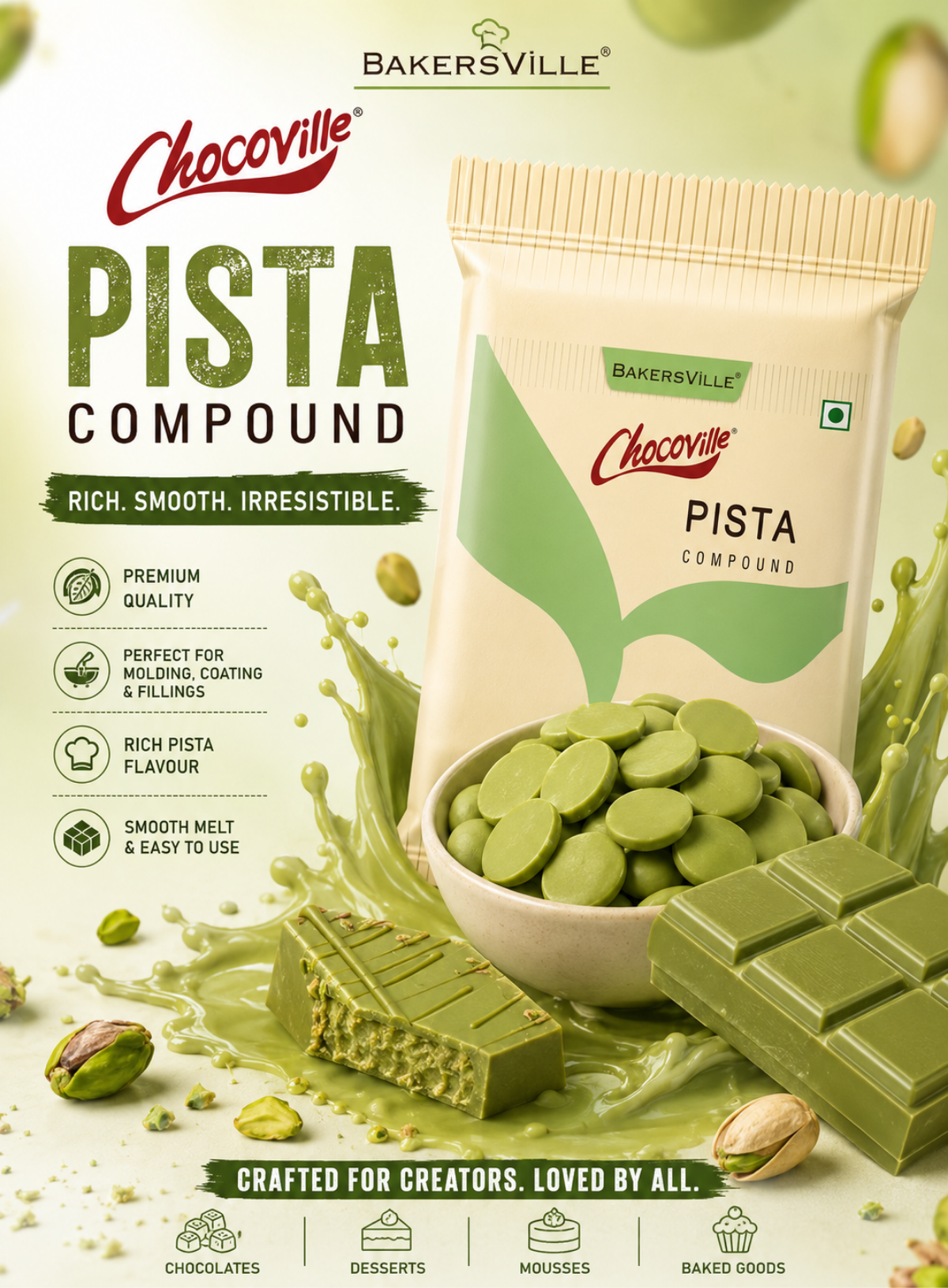 Chocoville Pista Compound Slab - 500g | Pista Flavoured Chocolate For Baking & Desserts (SB-BV-Pista)