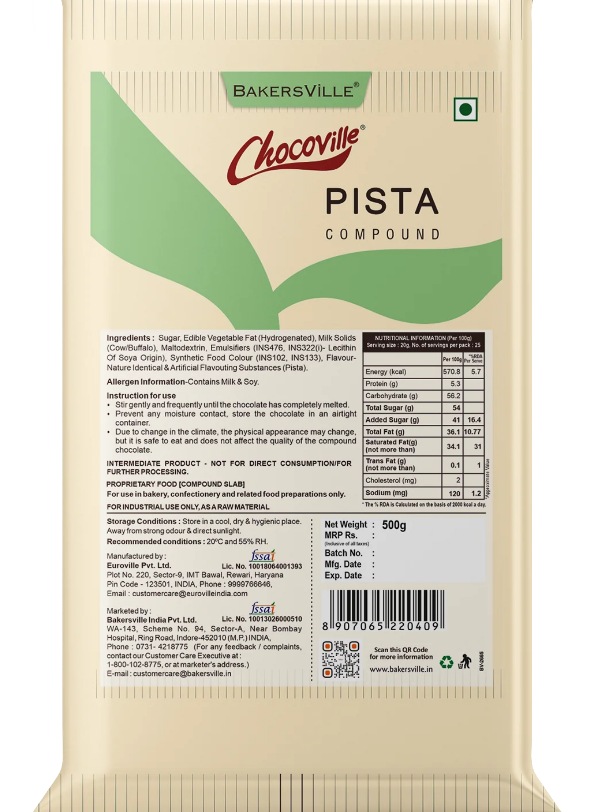 Chocoville Pista Compound Slab - 500g | Pista Flavoured Chocolate For Baking & Desserts (SB-BV-Pista)