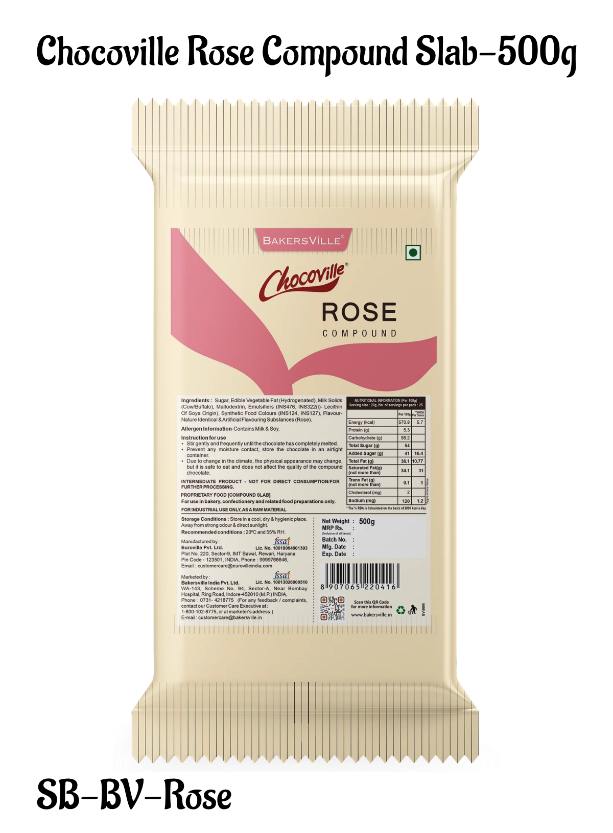 Chocoville Rose Compound Slab - 500g | Rose Flavoured Chocolate For Baking & Desserts (SB-BV-Rose)