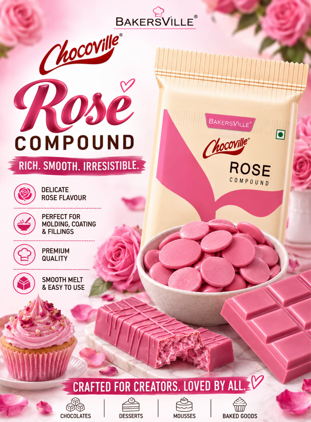 Chocoville Rose Compound Slab - 500g | Rose Flavoured Chocolate For Baking & Desserts (SB-BV-Rose)