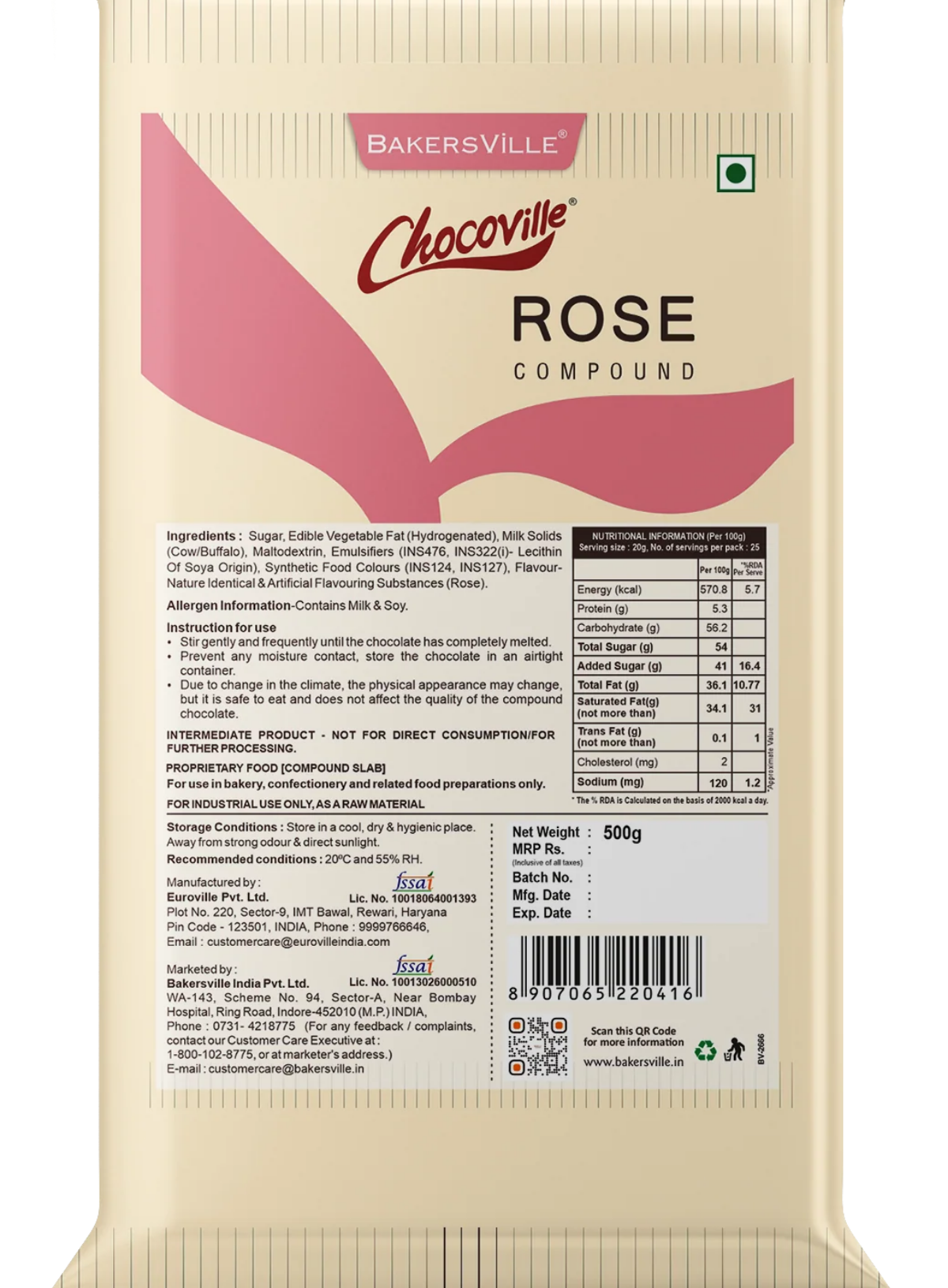 Chocoville Rose Compound Slab - 500g | Rose Flavoured Chocolate For Baking & Desserts (SB-BV-Rose)