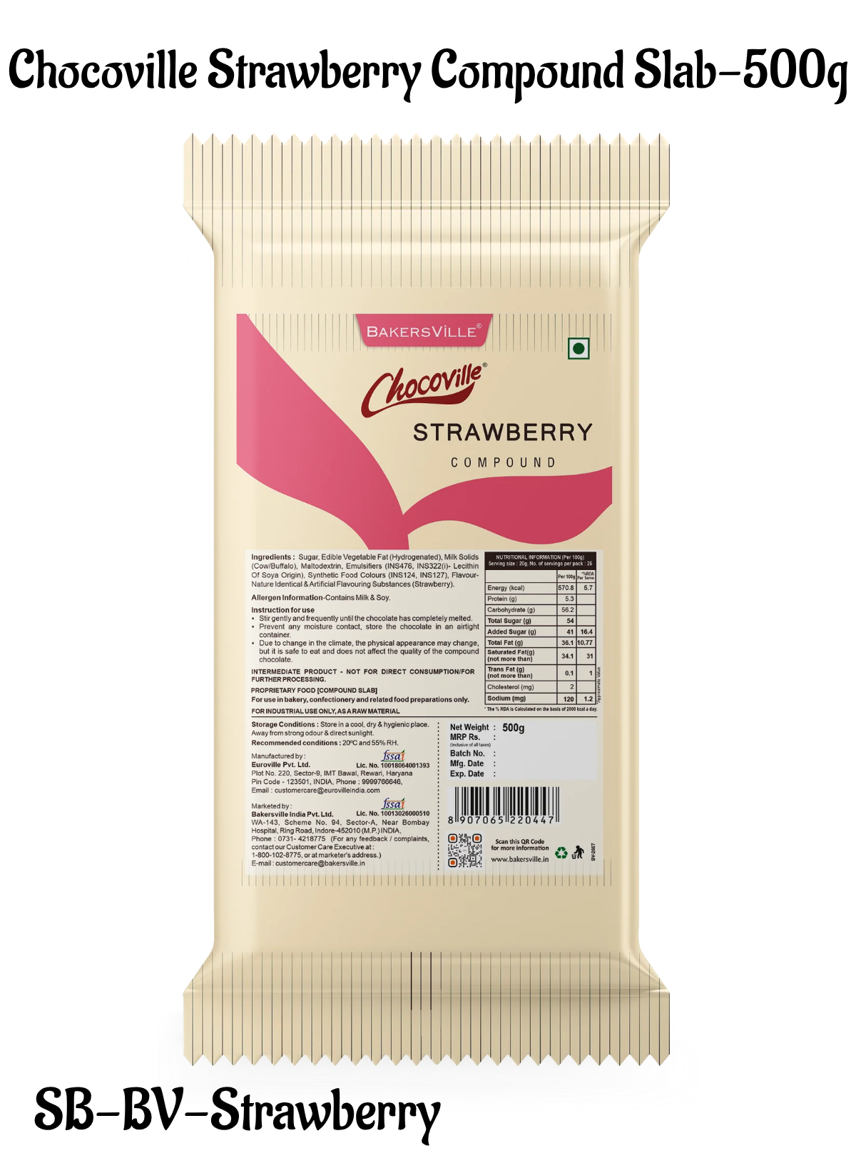 Chocoville Strawberry Compound Slab - 500g | Strawberry Flavoured Chocolate For Baking & Desserts (SB-BV-Strawberry)