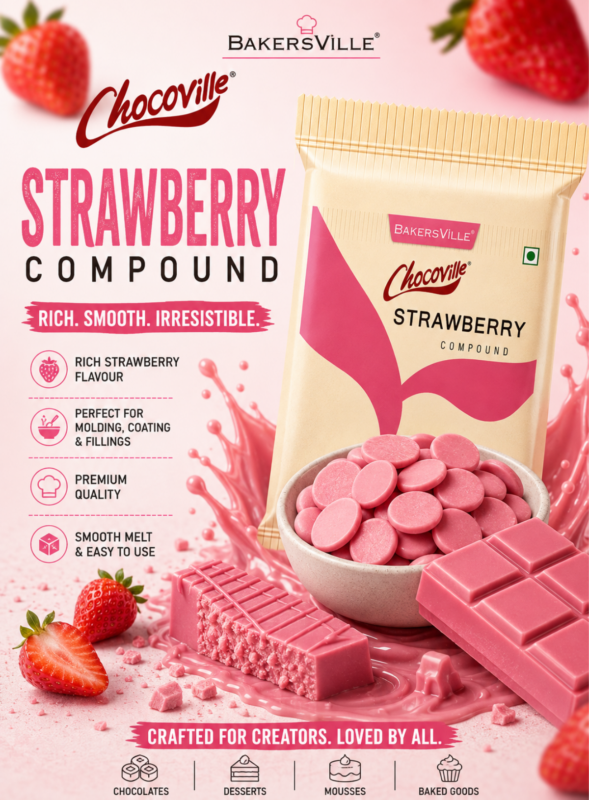 Chocoville Strawberry Compound Slab - 500g | Strawberry Flavoured Chocolate For Baking & Desserts (SB-BV-Strawberry)