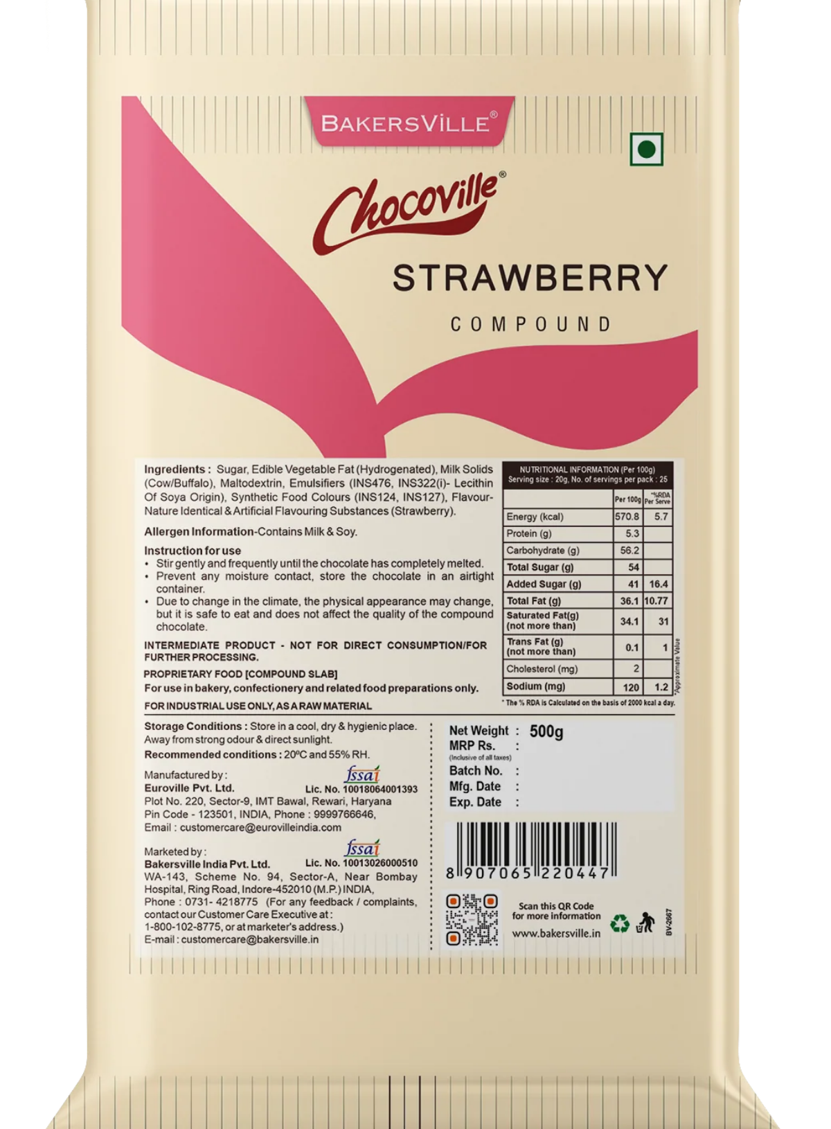Chocoville Strawberry Compound Slab - 500g | Strawberry Flavoured Chocolate For Baking & Desserts (SB-BV-Strawberry)