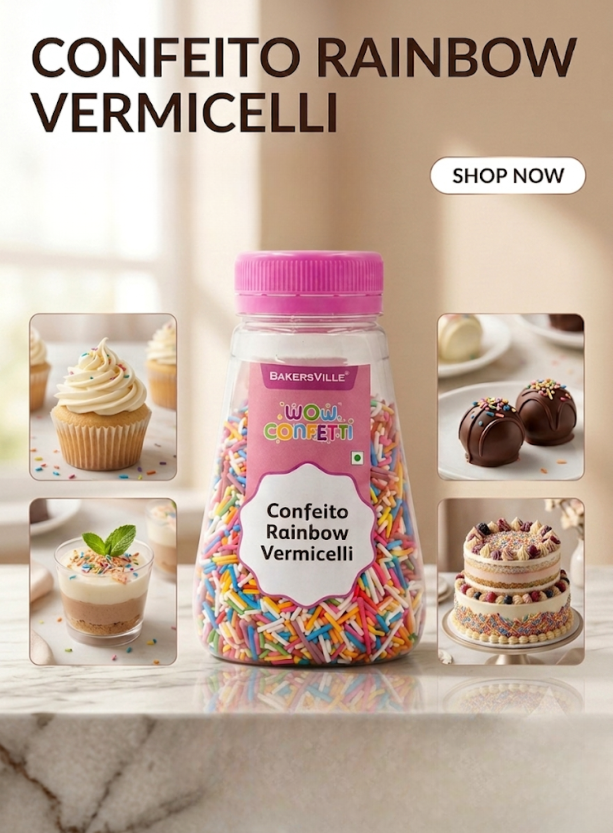 WOW Confetti Confeito Rainbow Vermicelli - 100g | Sprinkles Multicolor for Cake Decoration and Topping (SBCA-WOW-CRV) CAKE DECOR™